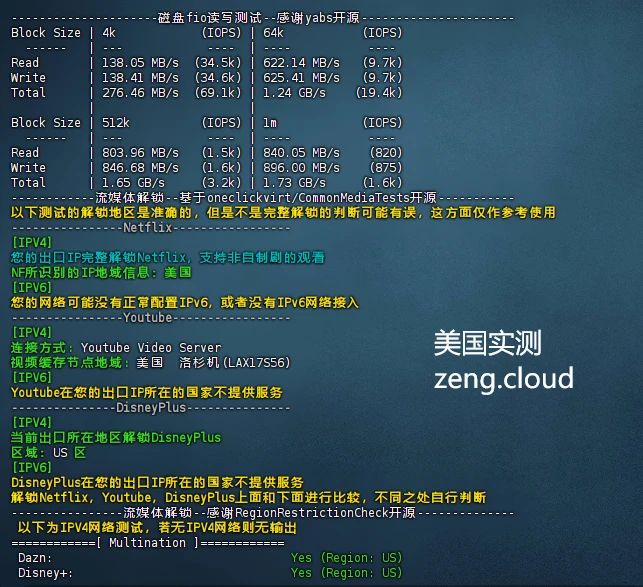 泽云服务器-美国高防9929 4核4G,融合怪基本实测