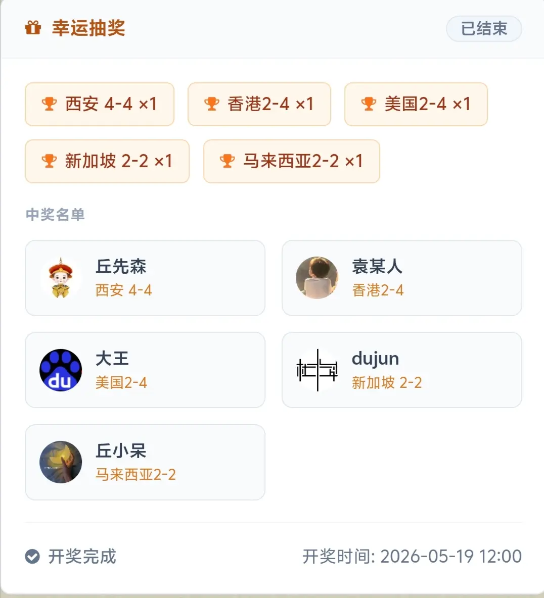 开奖了，恭喜这五位幸运儿